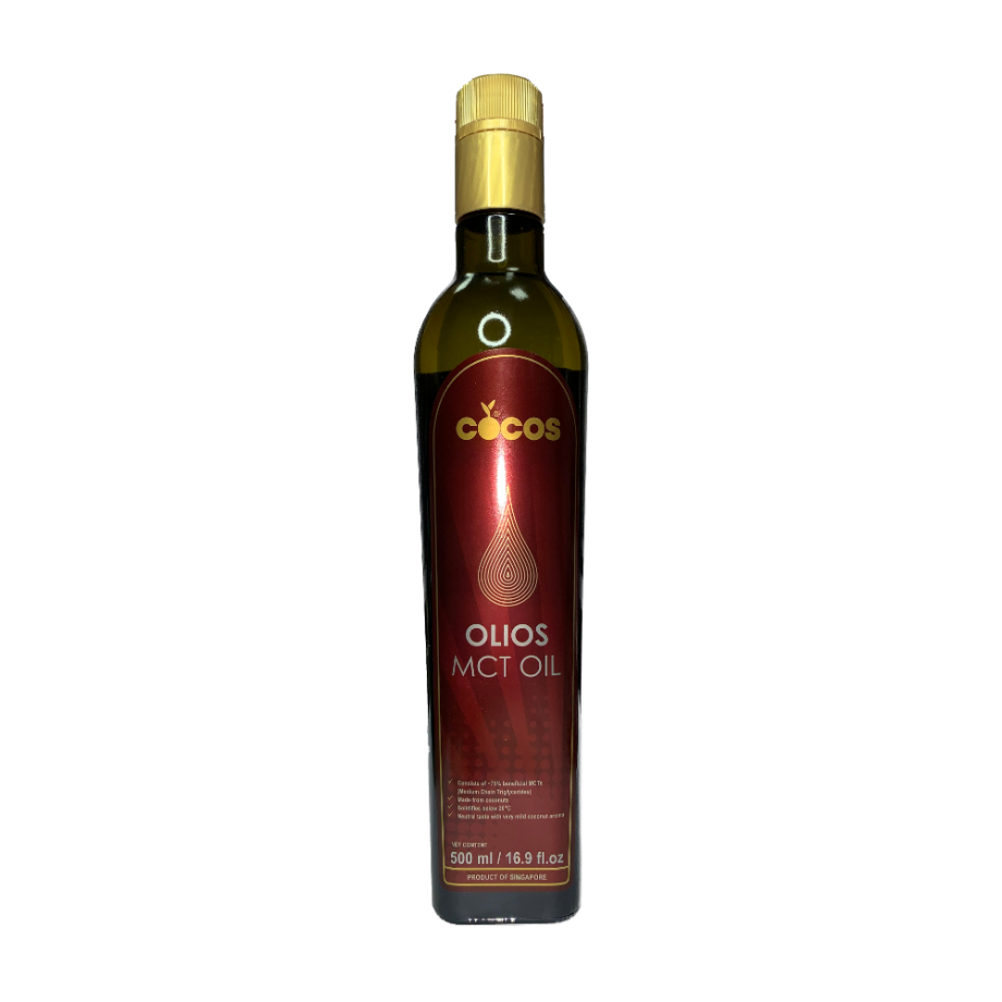 A bottle of Olios MCT Oil. The bottle is filled with clear liquid and has a label displaying the brand name. The MCT oil is made from coconut oil and is used as a dietary supplement and energy booster. The bottle is placed against a white background."
