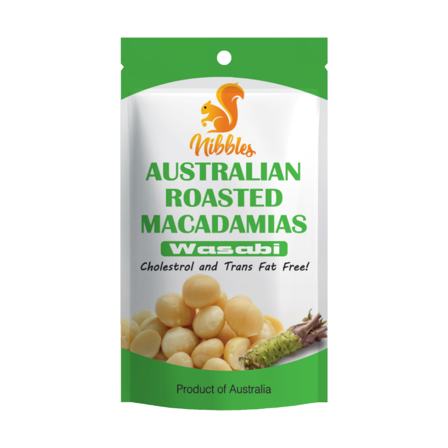 Close-up of wasabi macadamia nuts coated in a vibrant green wasabi seasoning, offering a contrast of smooth nut texture and the bold, spicy hint of wasabi.
