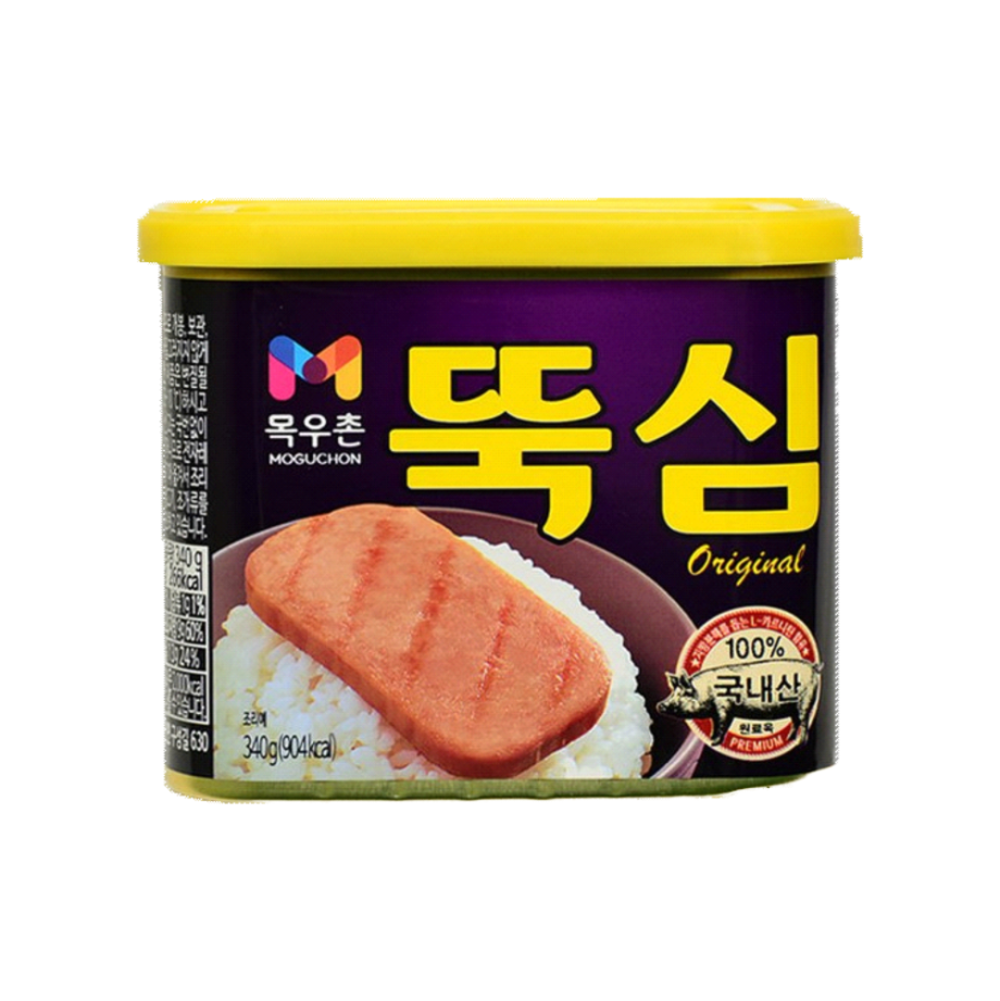 A 340g can of MOGUCHON Premium 100% Korean Pork Luncheon Meat, showcasing its authentic and savory flavor made from high-quality Korean pork.