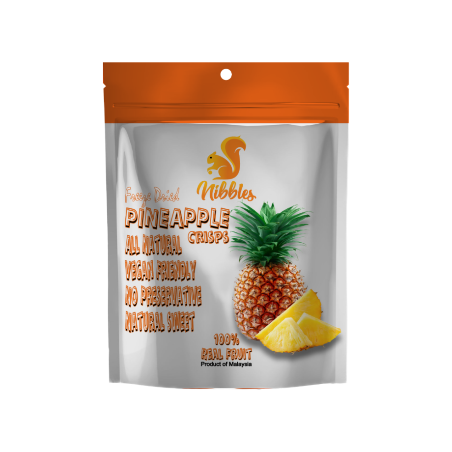 Vibrant yellow bite-sized chunks of freeze dried pineapple arranged on a white background. Light and crunchy, these tropical treats pack a sweet and tangy punch.