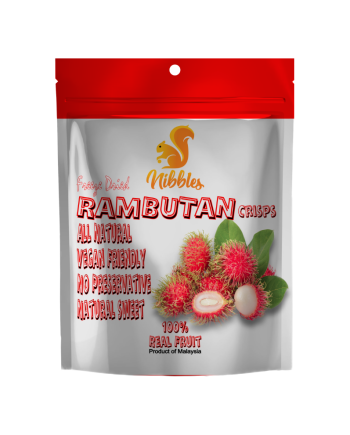 Vibrant red, spiky freeze dried rambutans with their outer shells removed, revealing fluffy white fruit inside. Unique and delicious tropical treat,